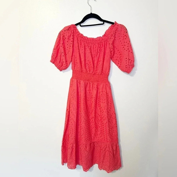 Betsey Johnson Women's Eyelet Midi Puff Sleeve Dress Paradise Pink Sz XS Spring - Picture 4 of 13